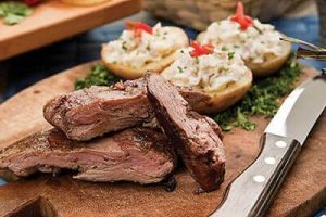 Arrachera y cáscara de papa asada con relleno de jamón