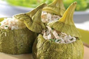 Calabacitas rellenas de carne y arroz con salsa de yogurt