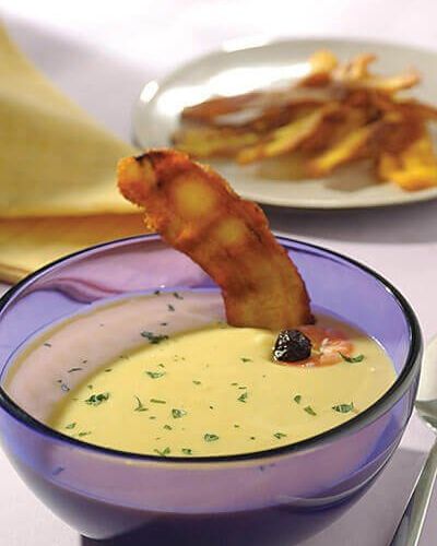 Crema de plátano macho con camarón